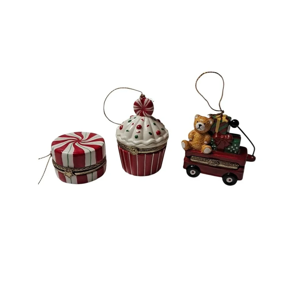 Ornament Trinket Boxes Lot‎ Of 3. One Pepermint, One Cupcake And One Wagon